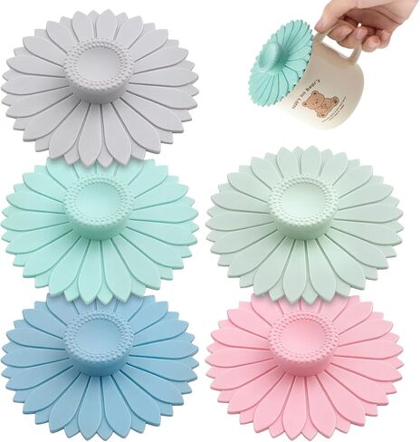 5 Pcs Drink Covers Cup Covers - Reusable Sunflower Silicone Cup Cover, Multicolored Silicone Suction Lids, Flexible Mugs Cover Tea Pots to Keep Bugs Out for Coffee, Tea, and Outdoor Use in Kuwait