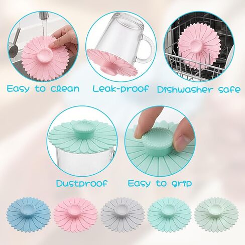 5 Pcs Drink Covers Cup Covers - Reusable Sunflower Silicone Cup Cover, Multicolored Silicone Suction Lids, Flexible Mugs Cover Tea Pots to Keep Bugs Out for Coffee, Tea, and Outdoor Use in Kuwait