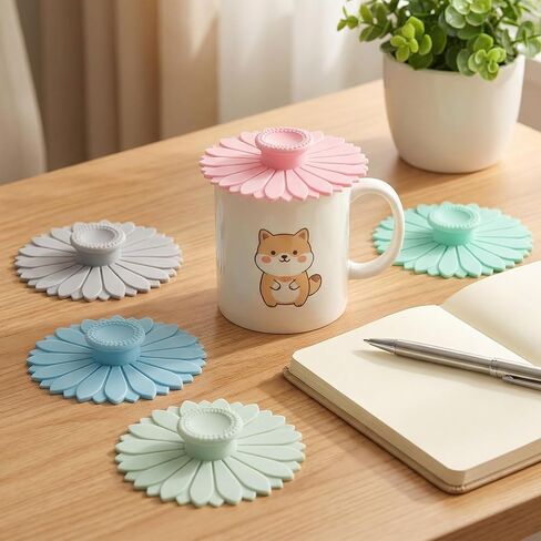5 Pcs Drink Covers Cup Covers - Reusable Sunflower Silicone Cup Cover, Multicolored Silicone Suction Lids, Flexible Mugs Cover Tea Pots to Keep Bugs Out for Coffee, Tea, and Outdoor Use in Kuwait