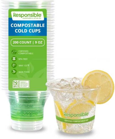 Responsible Products Clear Cold Cup, Certified Compostable and Made from 100% American Biobased Materials, No-PFAS Added & BPA-Free (9 oz Cups (200 Count)) in Saudi Arabia