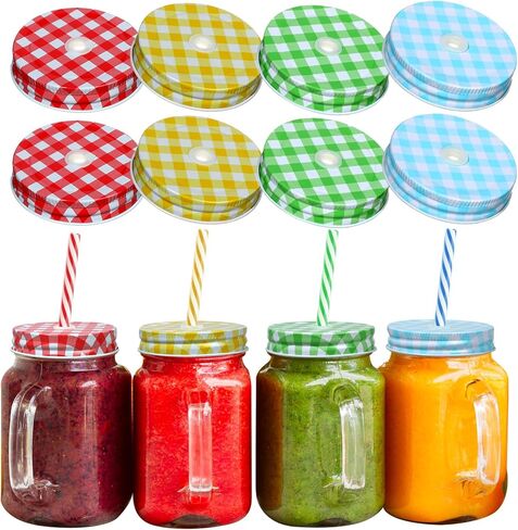 16 قطعة من أغطية برطمانات ماسون مع فتحة للمصاصة، 70 مم من أغطية برطمانات الشرب المصنوعة من الفولاذ المقاوم للصدأ وأغطية برطمانات الماسون المزخرفة المتوافقة مع برطمانات ماسون الفم العادية/الكرة/برطمانات كير، شموع يدوية الصنع، منقوشة in Kuwait