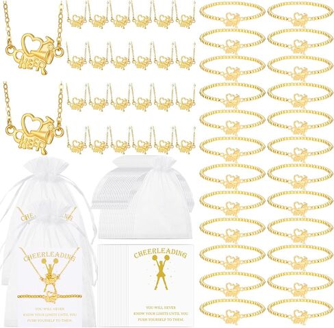 24 Set Cheerleader Necklace Gifts Cheerleading Bracelets Gifts Bulk with Cheer Necklaces Gold Beaded Stretch Bracelets Cheerlife Wish Cards for Team Women Party Supply Cheerleading Camp Gift in Saudi Arabia