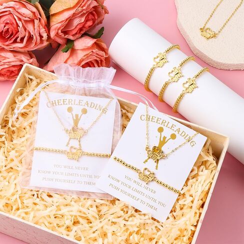 24 Set Cheerleader Necklace Gifts Cheerleading Bracelets Gifts Bulk with Cheer Necklaces Gold Beaded Stretch Bracelets Cheerlife Wish Cards for Team Women Party Supply Cheerleading Camp Gift in Saudi Arabia