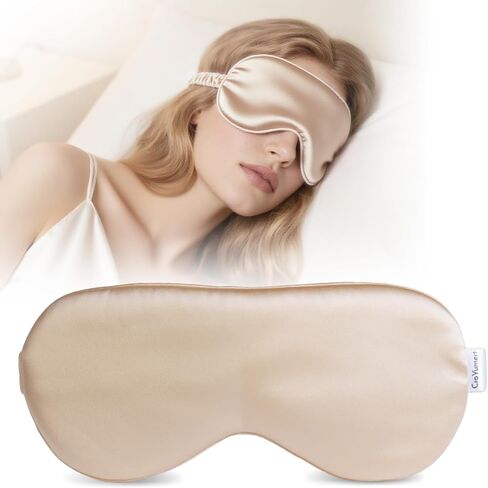 100% Pure Mulberry Silk Eye Mask - 22 Momme Adjustable Strap, Light Blocking, Silk Storage Bag & Gift Box - for Sleep/Travel/Gift, Sensitive Skin Friendly (Champagne) in Kuwait
