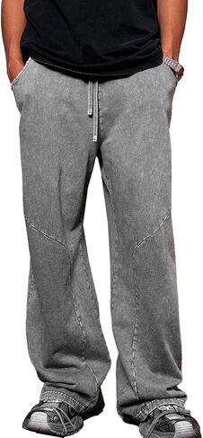 Men's Acid Wash Athletic Sweatpants Hip Hop Big Wide Jogger Pants Cotton Streetwear Drawstring Trashion in Kuwait