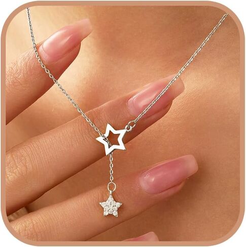 Star Y Necklace for Women 925 Sterling Silver 14K Gold-Plating CZs Star Long Pendant Necklace to Daughter Mother Minimalist Chain Birthday Personalized Jewelry Gift for Her Summer Holiday Gift in Kuwait