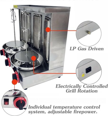INTSUPERMAI Shawarma Grill Machine LP Gas Doner Kebab Machine Vertical Broiler Gyro Machine Meat Roasting Machine with 3 Burners Countertop Rotating Doner Kebab Oven for Home Commicial Restaurant Use in Kuwait