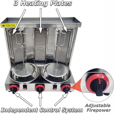 INTSUPERMAI Shawarma Grill Machine LP Gas Doner Kebab Machine Vertical Broiler Gyro Machine Meat Roasting Machine with 3 Burners Countertop Rotating Doner Kebab Oven for Home Commicial Restaurant Use in Kuwait