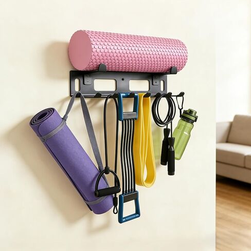منظم رف الصالة الرياضية لتخزين الصالة الرياضية المنزلية، مثبت على الحائط، رف تخزين الصالة الرياضية المنزلية متعدد الأغراض لأشرطة المقاومة، سجادات اليوغا، حبال القفز، أحزمة الوزن، ملحقات غرفة تمرين المرآب، أسود in Kuwait