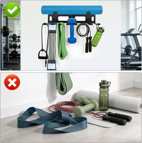 منظم رف الصالة الرياضية لتخزين الصالة الرياضية المنزلية، مثبت على الحائط، رف تخزين الصالة الرياضية المنزلية متعدد الأغراض لأشرطة المقاومة، سجادات اليوغا، حبال القفز، أحزمة الوزن، ملحقات غرفة تمرين المرآب، أسود in Kuwait