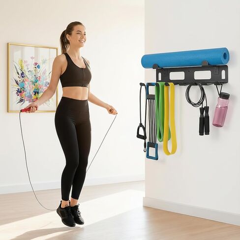 منظم رف الصالة الرياضية لتخزين الصالة الرياضية المنزلية، مثبت على الحائط، رف تخزين الصالة الرياضية المنزلية متعدد الأغراض لأشرطة المقاومة، سجادات اليوغا، حبال القفز، أحزمة الوزن، ملحقات غرفة تمرين المرآب، أسود in Kuwait