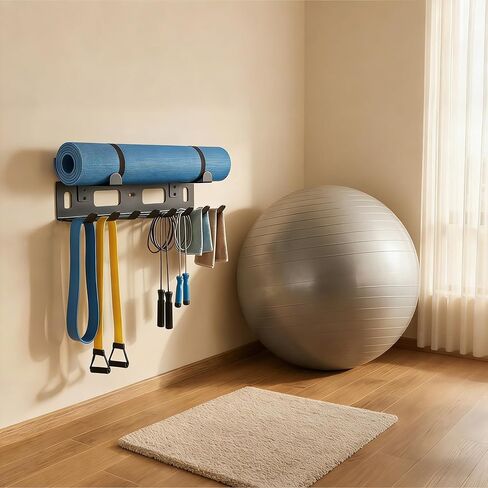 منظم رف الصالة الرياضية لتخزين الصالة الرياضية المنزلية، مثبت على الحائط، رف تخزين الصالة الرياضية المنزلية متعدد الأغراض لأشرطة المقاومة، سجادات اليوغا، حبال القفز، أحزمة الوزن، ملحقات غرفة تمرين المرآب، أسود in Kuwait