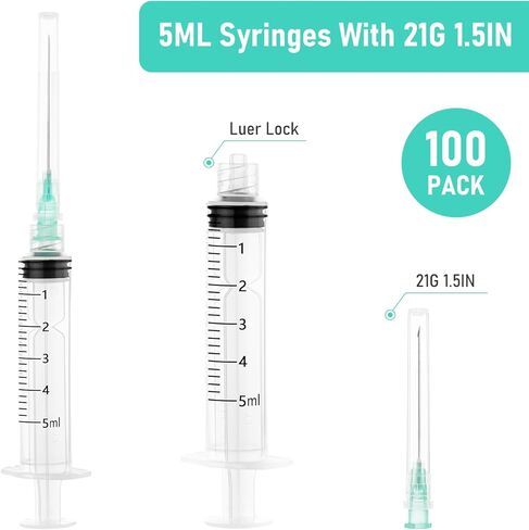 محاقن 5 مل/سم مكعب بإبرة - إبرة 21 جيجا 1.5 بوصة، حقنة قفل Luer للمختبرات العلمية، مغلفة بشكل فردي للاستعمال مرة واحدة (100 عبوة) in Kuwait