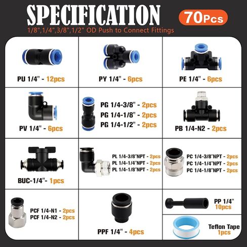 70Pcs 1/4" Quick Connect Air Hose Fittings Assortment Kit,Push to Connect Fittings,with NPT Thread Air Line Fittings for Air Brake System in Kuwait