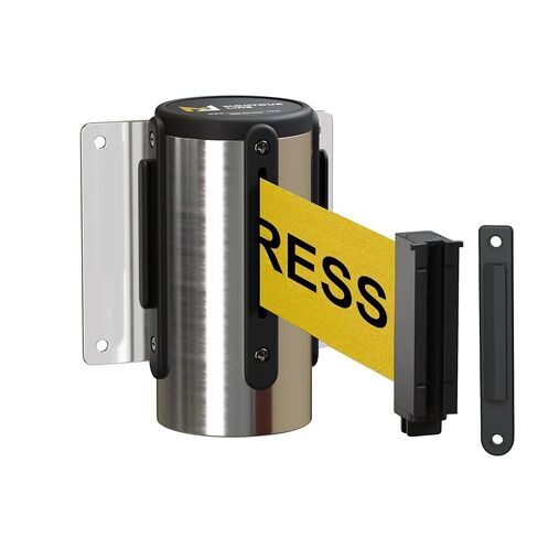 Montour Line WM115 Wall Mounted Retractable Belt Barrier with Standard Belt End, Fixed Mount, Polished Stainless Steel Casing (8.5 ft Yellow with "Cleaning in Progress" Black Letters Belt) in Kuwait
