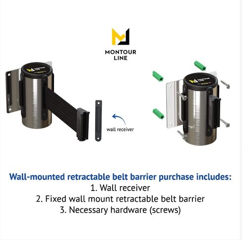 Montour Line WM115 Wall Mounted Retractable Belt Barrier with Standard Belt End, Fixed Mount, Polished Stainless Steel Casing (8.5 ft Yellow with "Cleaning in Progress" Black Letters Belt) in Kuwait