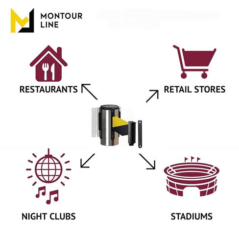 Montour Line WM115 Wall Mounted Retractable Belt Barrier with Standard Belt End, Fixed Mount, Polished Stainless Steel Casing (8.5 ft Yellow with "Cleaning in Progress" Black Letters Belt) in Kuwait