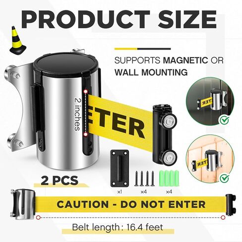 2 Pcs Magnetic Retractable Belt Barrier Wall Mount 16ft Caution Do Not Enter with Stainless Steel Case Black Yellow Diagonal Stripes Belt Crowd Control Safety for Grocery Retail Store Stadium in Saudi Arabia