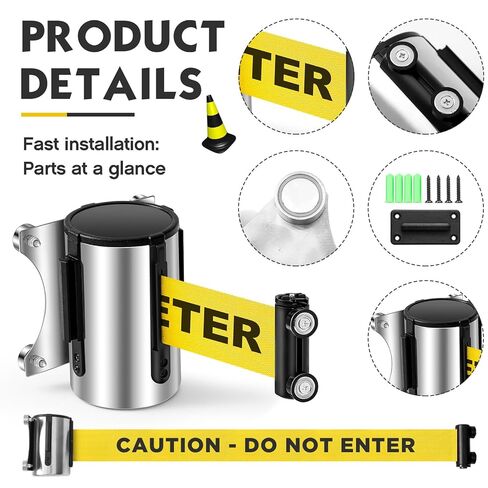 2 Pcs Magnetic Retractable Belt Barrier Wall Mount 16ft Caution Do Not Enter with Stainless Steel Case Black Yellow Diagonal Stripes Belt Crowd Control Safety for Grocery Retail Store Stadium in Saudi Arabia