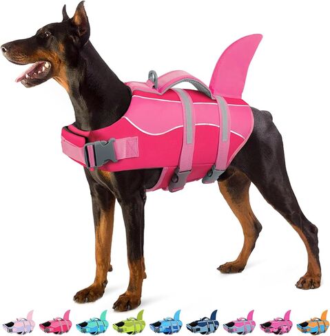 SUNFURA Dog Life Jacket - Shark Dog Life Vest for Swimming Boating, Reflective Lifejacket with High Buoyancy and Rescue Handle, Adjustable Lifesaver for Small Medium Large Breeds, Pink L in Kuwait