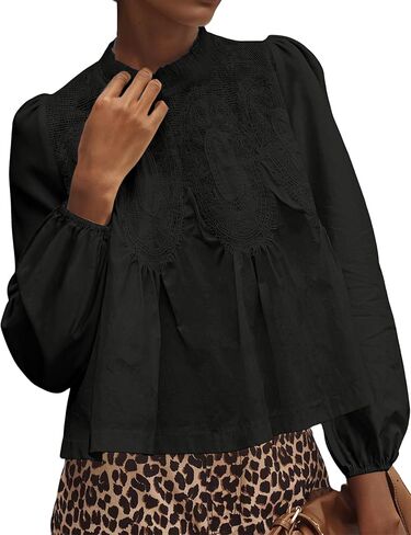 Lentta Women's Lace-Detail Blouse Floral Pattern Long Sleeve Crew Neck Pleated Poplin Mesh Flared Swing Babydoll Tops in Saudi Arabia