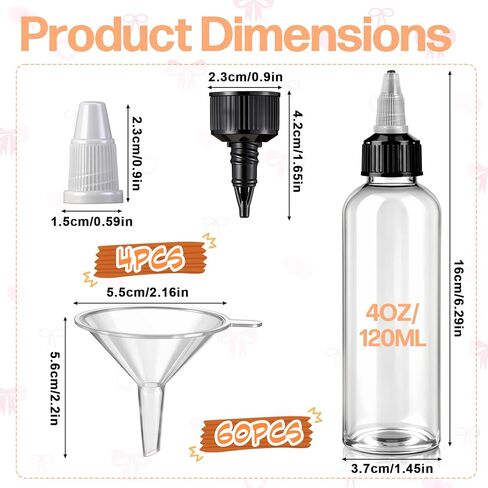 64 Pack 4 oz Plastic Squeeze Bottles, Round Clear Dispensing Bottles with Twist Top Cap and Funnel, Plastic Boston Squeeze Bottle for Liquids, Oils, Inks, Crafts, Kitchen, Household in Saudi Arabia