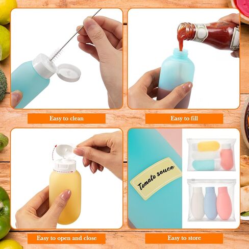 LemonRoad 7 قطع زجاجات ضغط صغيرة للصلصات 2 أونصة حاويات بهار مرمزة بالألوان لصندوق الغداء زجاجات صلصة سلطة سيليكون مانعة للتسرب مع ملصق فرشاة وأكياس تخزين لخردل الكاتشب in Saudi Arabia