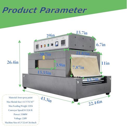 220v 5.5KW Heat Shrink Tunnel Packaging Machine with Chain Conveyor Belt,Max 40x20cm Heat Shrink Tunnel with Digital Temp Control,Adjustable Speed 0-32.8/ft,for E-Commerce and Home Use in Kuwait