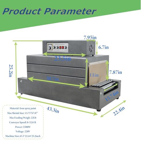 220V 5.5KW Heat Shrink Tunnel Packaging Machine with Chain Conveyor, Dual-Zone Temp Control Heat Shrink Packaging Machine for PVC/POF Film, Max Load 23LBS Light Industrial Use in Kuwait