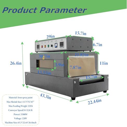 220v 5.5KW Heat Shrink Tunnel Packaging Machine with Mesh Conveyor Belt,Max 40x20cm Heat Shrink Tunnel with Digital Temp Control, Adjustable Speed 0-32.8/ft,for E-Commerce and Home Use in Kuwait