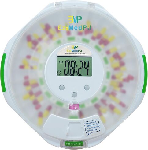 موزع حبوب منع الحمل التلقائي Ezimedpil لرعاية كبار السن والزهايمر مع التنبيهات الصوتية والبصرية ، حتى 6 أجهزة إنذار/يوم ، شاشة LCD سهلة القراءة ، 6 جرعات ، مفتاح قفل للفيتامينات ، LID Clear Lid in Kuwait