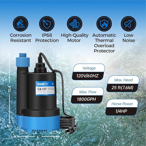 مضخة مياه غاطسة 1/4 حصان 1800 جيجا في الساعة مضخة مستنقع صغيرة من البلاستيك الحراري مضخة نقل كهربائية محمولة نظيفة لحمام السباحة في الطابق السفلي والحديقة والبركة in Kuwait