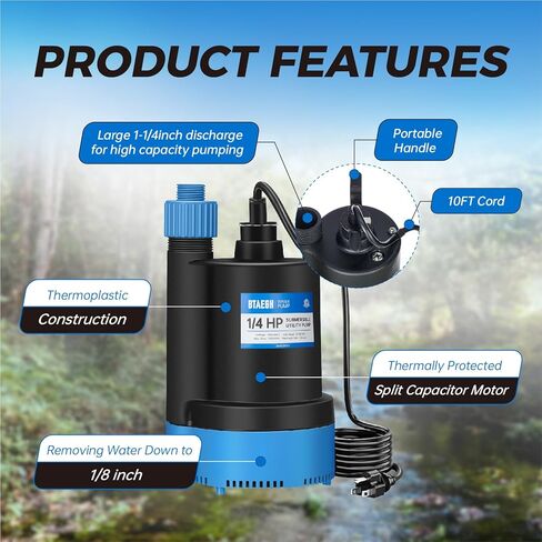 مضخة مياه غاطسة 1/4 حصان 1800 جيجا في الساعة مضخة مستنقع صغيرة من البلاستيك الحراري مضخة نقل كهربائية محمولة نظيفة لحمام السباحة في الطابق السفلي والحديقة والبركة in Kuwait