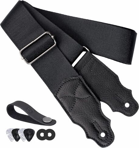 Guitar Strap, Head Layer Cowhide Leather End, 2 Inches Wide, for Acoustic and Bass Electric Guitars, Free Button, 2 Strap Locks and 4 Guitar Picks in Kuwait