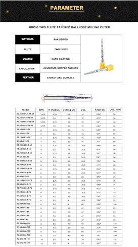 2pcs/lot Carbide Tapered End Mill- CNC Carving Bits R2.0*D6*60 * 100L*2F Solid 6mm Ball Nose Mills Router for Wood/Alloy Steels/Hardened Steels in Saudi Arabia