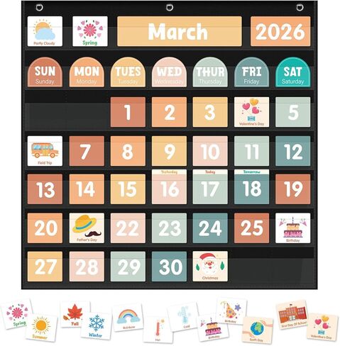 مخطط جيب تقويمي كبير ، مخطط جيب تقويم التقويم التقويمي مع 115 بطاقة لتقويم الفصول الدراسية ومخطط جيب الطقس للتعلم في رياض الأطفال (أبيض) in Kuwait