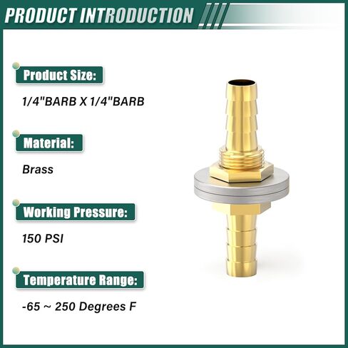 2PCS Brass Hose Barb Bulkhead Fitting Thru-Bulk Head Hex Union, 1" to 1" Barb Hose, with 4PCS Hose Clamp, for Fuel/Airl/Water/Gas/Oil in Kuwait