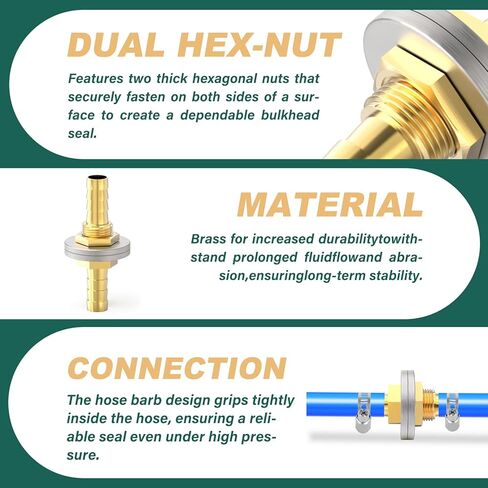 2PCS Brass Hose Barb Bulkhead Fitting Thru-Bulk Head Hex Union, 1" to 1" Barb Hose, with 4PCS Hose Clamp, for Fuel/Airl/Water/Gas/Oil in Kuwait