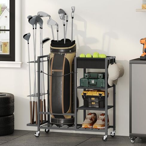 MAHANCRIS Golf Storage Organizer for Garage, Golf Bag Stand for Single Golf Bag and Equipment Accessories, Freestanding Golf Club Holder for Garage, Shed, Home, Basement in Saudi Arabia