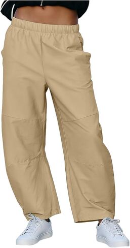 سروال نسائي واسع الساق برميل بالازو كاجوال متدفق لقضاء إجازة الشاطئ مقصوص صيفي بخصر مطاطي كابريس مع جيوب in Kuwait