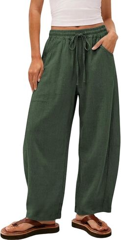 بنطال بالازو نسائي واسع الساق بخصر عالٍ ورباط مرن وفضفاض مناسب كاجوال مع جيوب in Kuwait