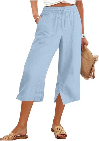 بنطال كابري للنساء بخصر عالٍ بنطال كابريس مستقيم الساق للصيف والشاطئ مع جيوب in Kuwait