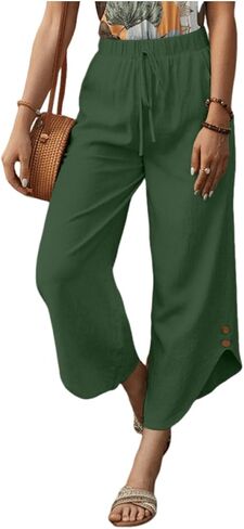 Womens Summer Wide Leg Capri Pants Drawstring Waist Loose Casual Trousers with Pockets Beach Vacation Clothes in Saudi Arabia