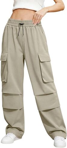 سروال كارجو للنساء، سروال برباط مطاطي للمشي لمسافات طويلة مع جيوب، فضفاض، كاجوال، خفيف الوزن، فضفاض in Kuwait
