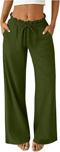 سراويل كاجوال واسعة الساق للنساء بخصر مكشكش ورباط للصيف، سراويل بالازو لقضاء العطلات على الشاطئ مع جيوب in Kuwait