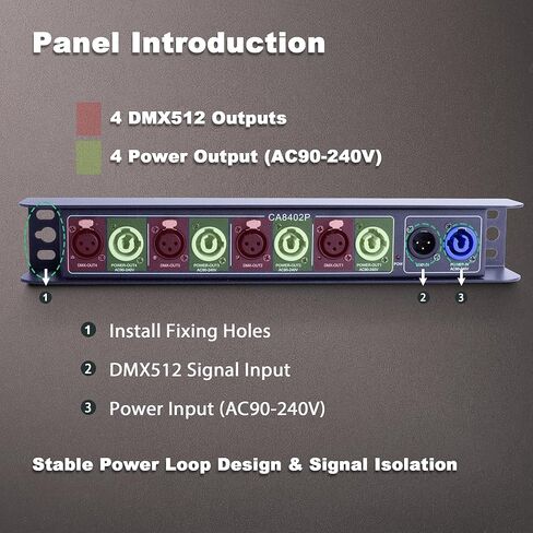 مضخم صوت مقسم Pknight DMX512، 1 في 4 مخرج، مع 4 × مخرجات طاقة تيار متردد بقفل PowerCON، منافذ DMX معزولة بصريًا، موزع DMX لإضاءة مسرح الجمالون/الجدار لـ DJ، والمسرح، والنادي in Kuwait