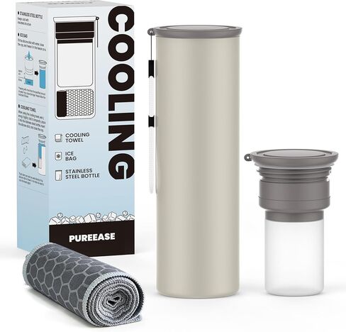 COOLING STATION 3-in-1 Portable Kit: Insulated Stainless Steel Bottle with Reusable Ice Bag & Cooling Towel. Long-Lasting Cold Relief for Daily Commute, Gym, Sports & Outdoor Travel. (Gray-green) in Kuwait