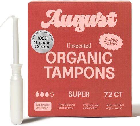 August Super Tampons - 72-Pack 100% Organic Cotton Tampons for Women and Anyone Who Menstruates, Non-Toxic, Fragrance-Free, and Hypoallergenic with Long Applicators (3 Boxes of 24) in Kuwait