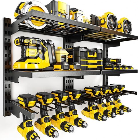 POKIPO Large Modular Power Tool Organizer Wall Mount With 6 Adjustable Shelf, Heavy Duty Iron Tool Storage Rack Loads 300lbs with 8 Cordless Tools Drill Holder,Battery Utility Rack for Garage Workshop in Kuwait