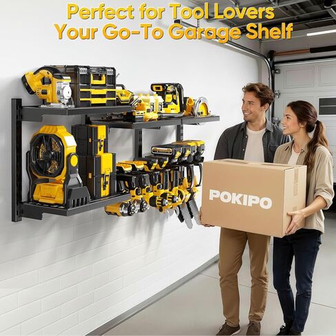 POKIPO Large Modular Power Tool Organizer Wall Mount With 6 Adjustable Shelf, Heavy Duty Iron Tool Storage Rack Loads 300lbs with 8 Cordless Tools Drill Holder,Battery Utility Rack for Garage Workshop in Kuwait